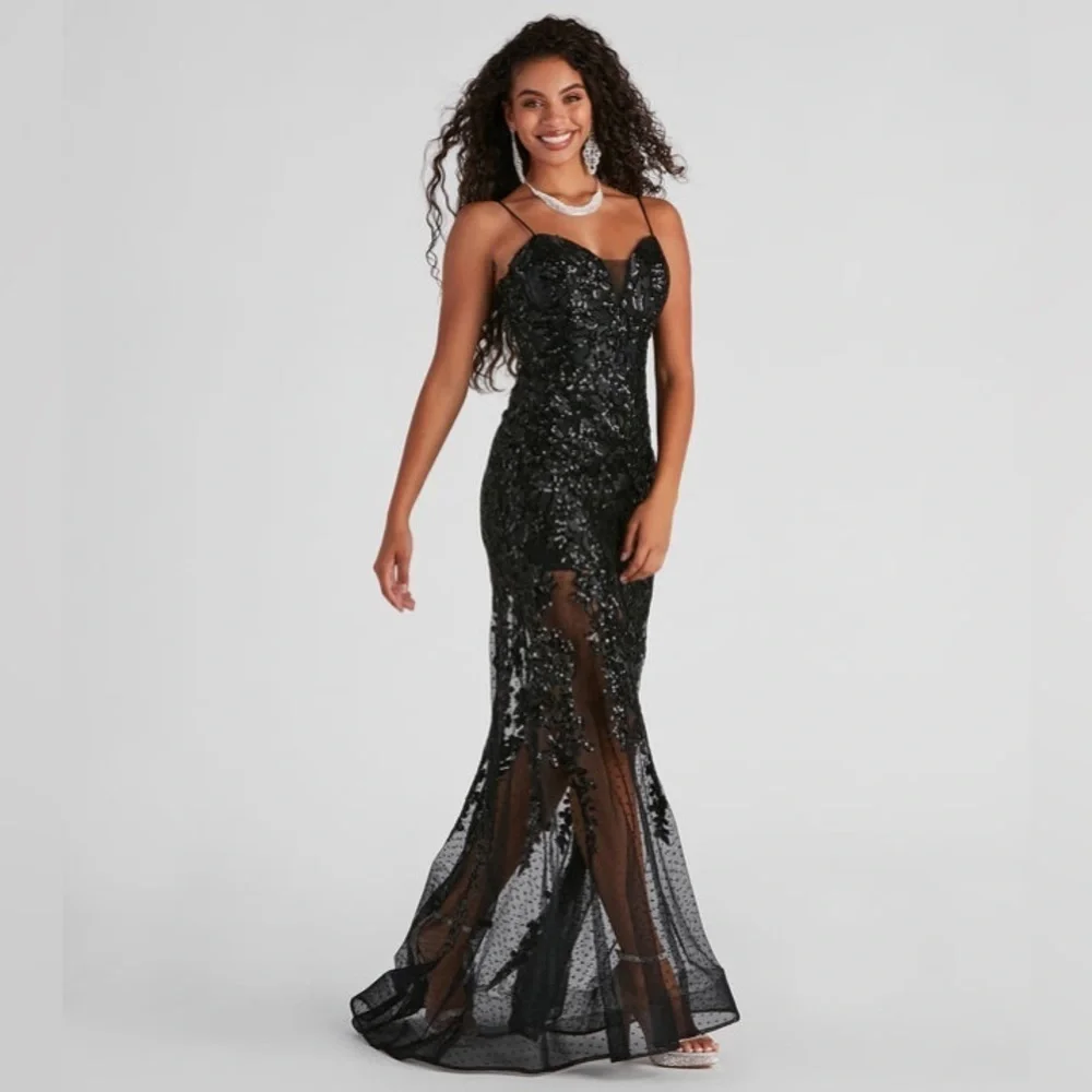 Windsor Livia Sequin Mesh Mermaid Dress Black Junior Size 5/6 - Picture 1 of 15